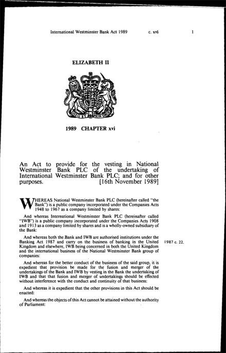 International Westminster Bank Act 1989