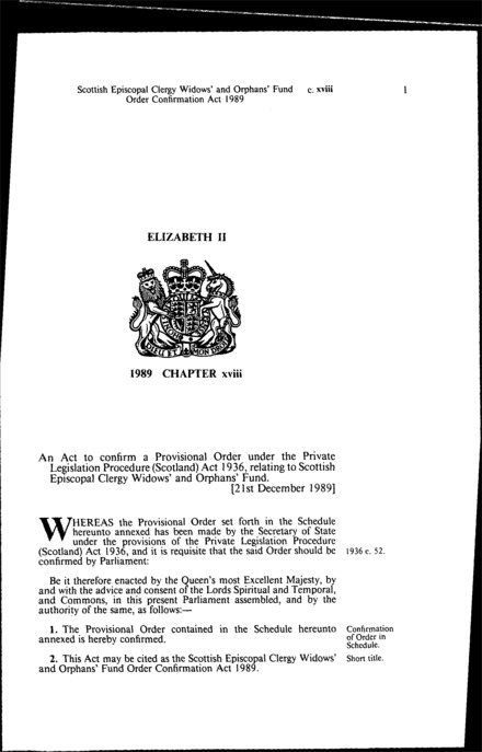 Scottish Episcopal Clergy Widows' and Orphans' Fund Order Confirmation Act 1989