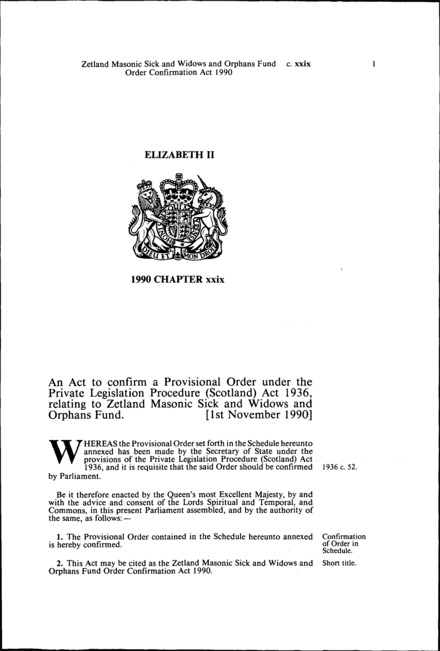 Zetland Masonic Sick and Widows and Orphans Fund Order Confirmation Act 1990