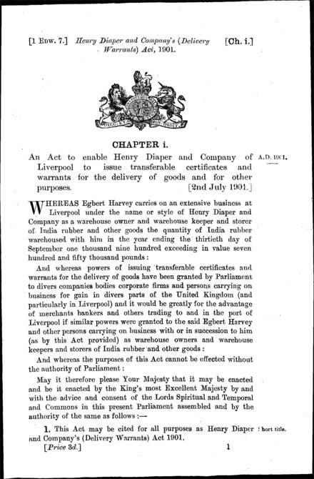 Henry Diaper and Company (Delivery Warrants) Act 1901