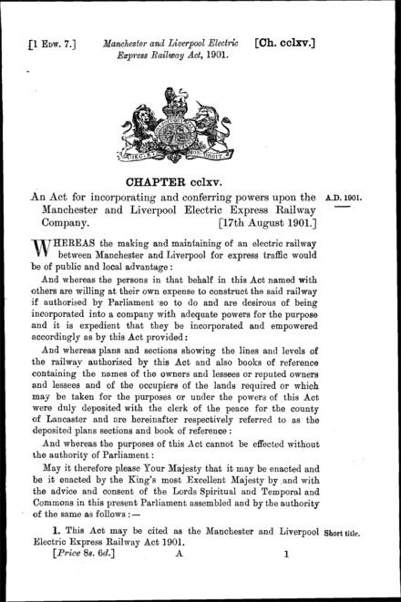 Manchester and Liverpool Electric Express Railway Act 1901