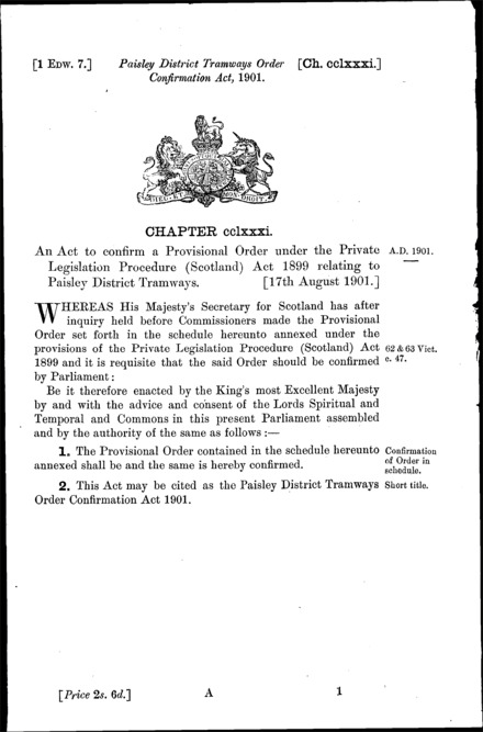 Paisley District Tramways Order Confirmation Act 1901