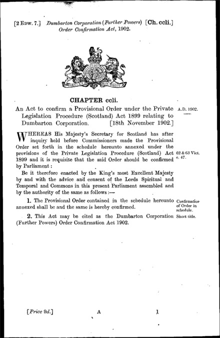 Dumbarton Corporation (Further Powers) Order Confirmation Act 1902
