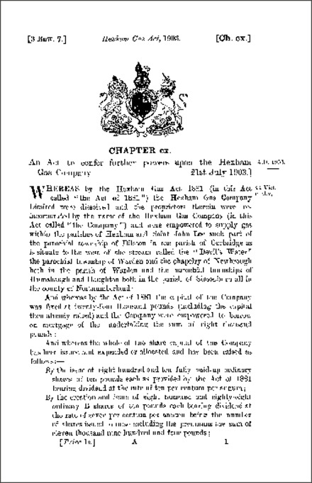 Hexham Gas Act 1903