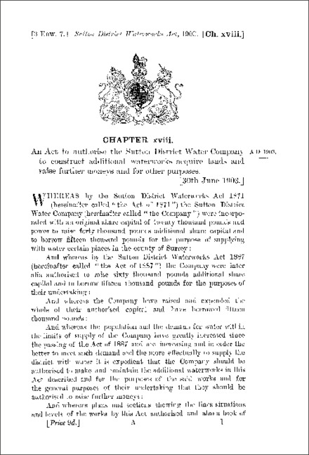 Sutton District Waterworks Act 1903