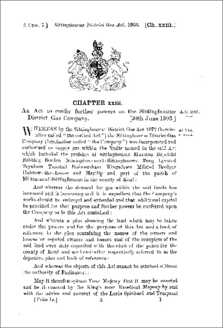 Sittingbourne District Gas Act 1903