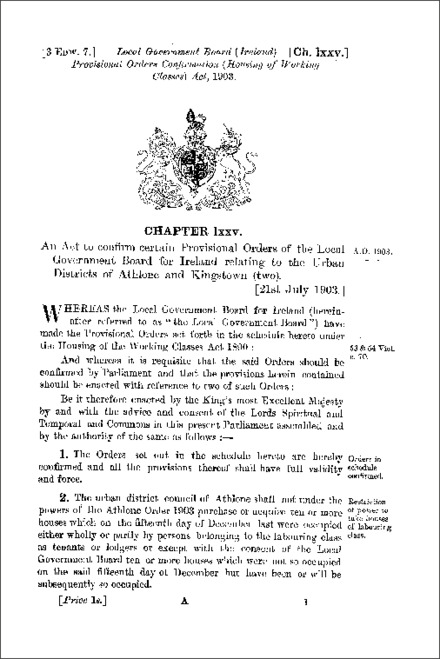 Local Government Board (Ireland) Provisional Orders Confirmation (Housing of Working Classes) Act 1903