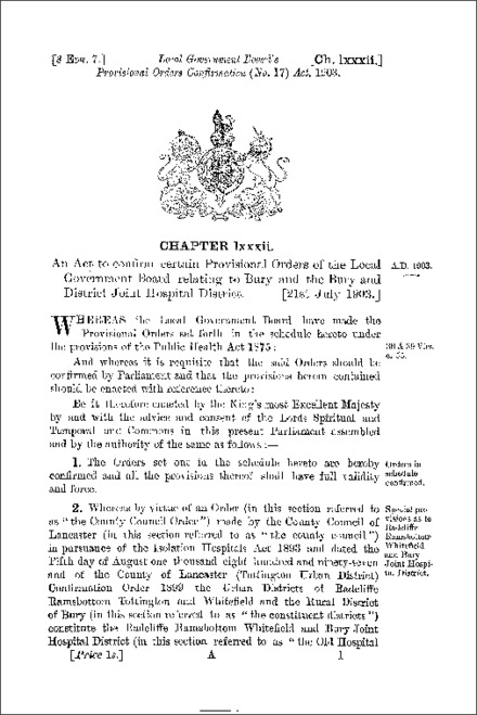 Local Government Board's Provisional Orders Confirmation (No. 17) Act 1903