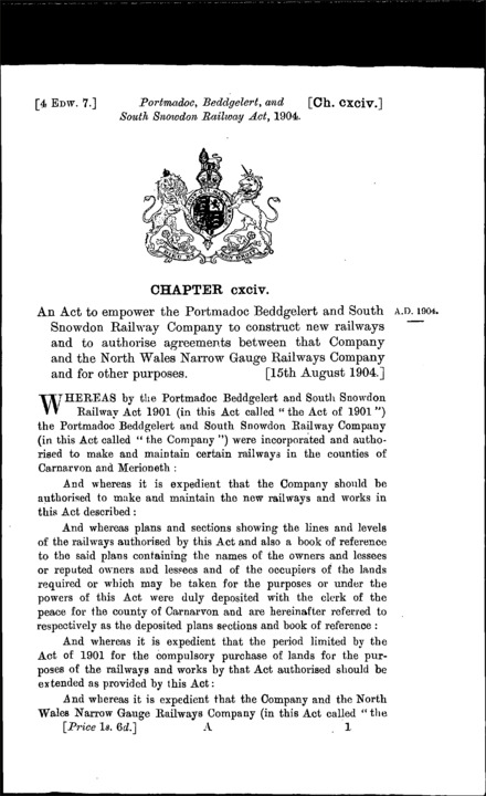 Portmadoc, Beddgelert and South Snowdon Railway Act 1904
