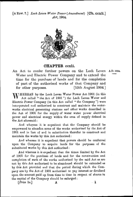 Loch Leven Water Power (Amendment) Act 1904