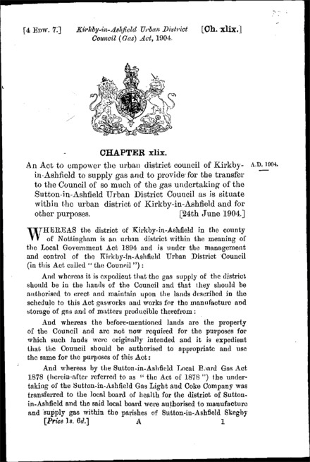 Kirkby-in-Ashfield Urban District Council (Gas) Act 1904