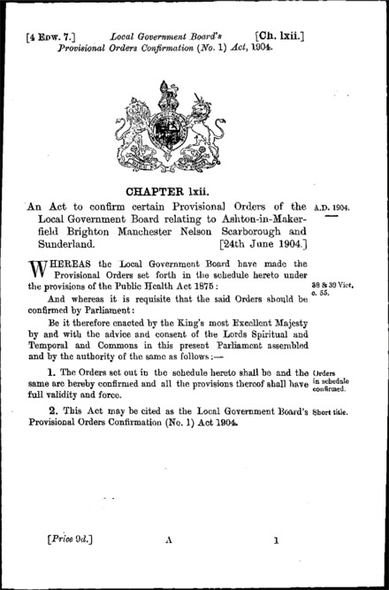 Local Government Board's Provisional Orders Confirmation (No. 1) Act 1904