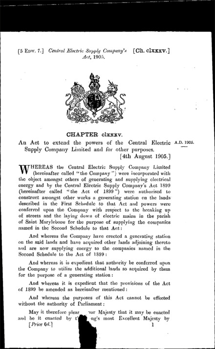 Central Electric Supply Company Act 1905