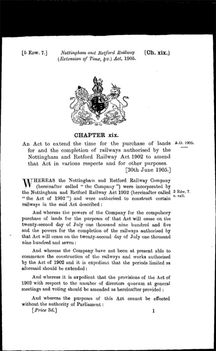Nottingham and Retford Railway (Extension of Time, &c.) Act 1905