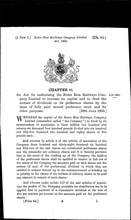 Entre Rios Railways Company Act 1905