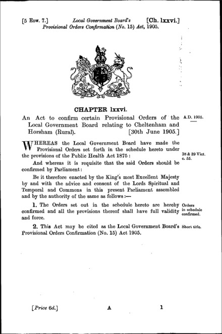 Local Government Board's Provisional Orders Confirmation (No. 15) Act 1905