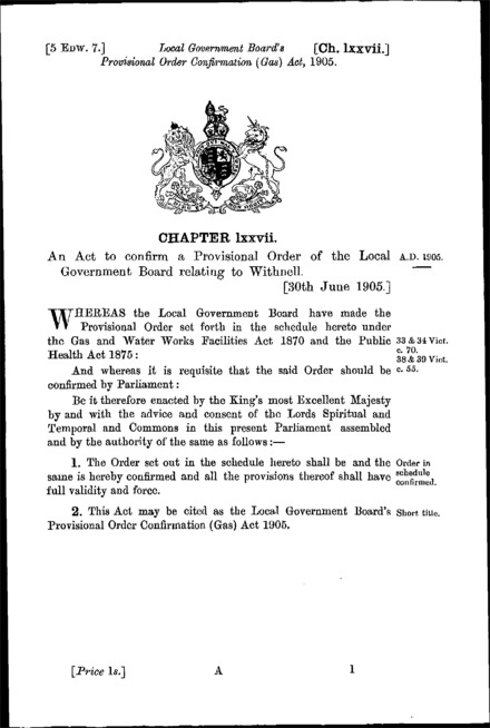 Local Government Board's Provisional Order Confirmation (Gas) Act 1905