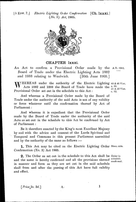 Electric Lighting Order Confirmation (No. 3) Act 1905