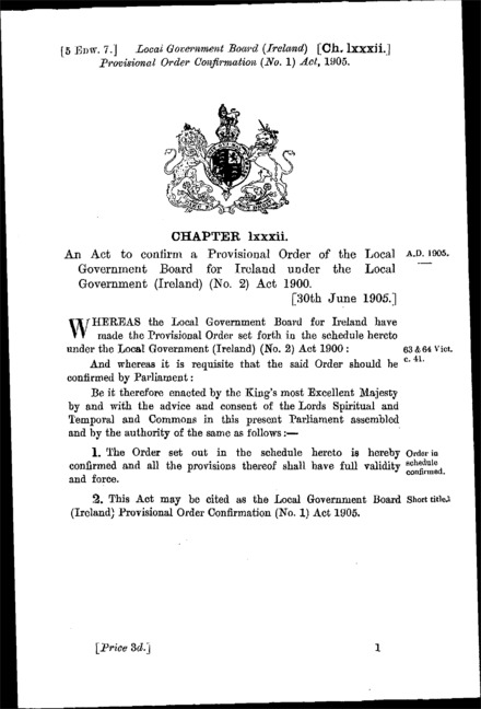 Local Government Board (Ireland) Provisional Order Confirmation (No. 1) Act 1905