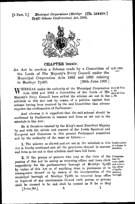 Municipal Corporation (Merthyr Tydfil Scheme Confirmation) Act 1905