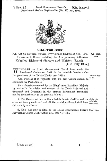 Local Government Board's Provisional Orders Confirmation (No. 10) Act 1905