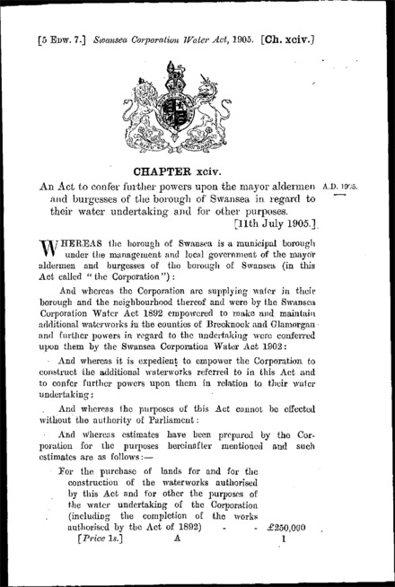 Swansea Corporation Water Act 1905