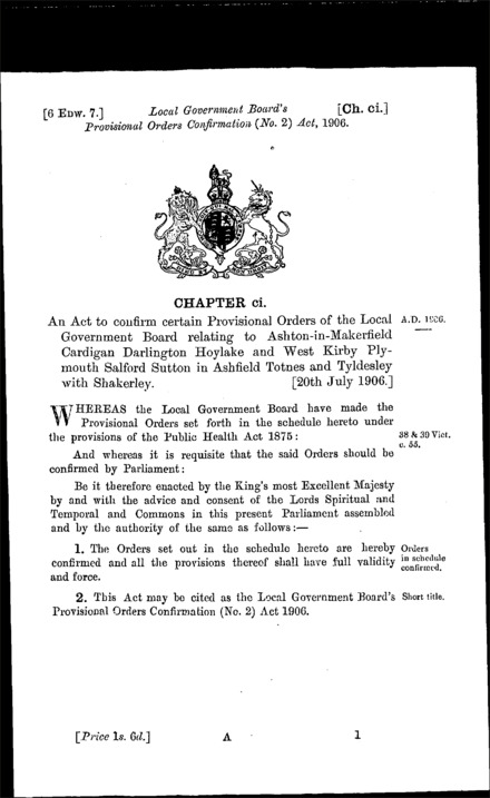 Local Government Board's Provisional Orders Confirmation (No. 2) Act 1906