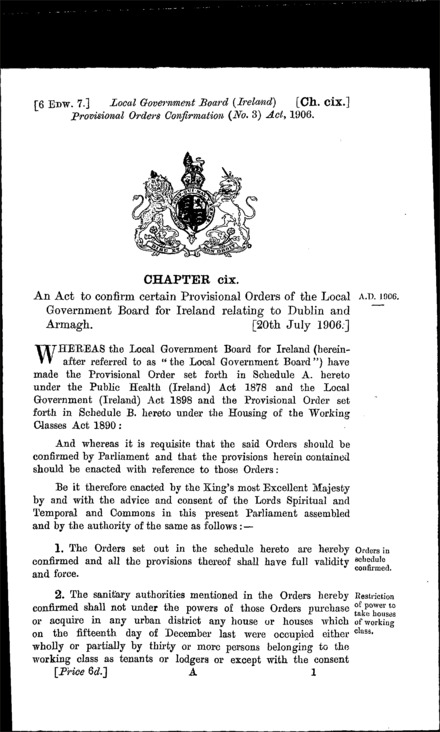 Local Government Board (Ireland) Provisional Orders Confirmation (No. 3) Act 1906