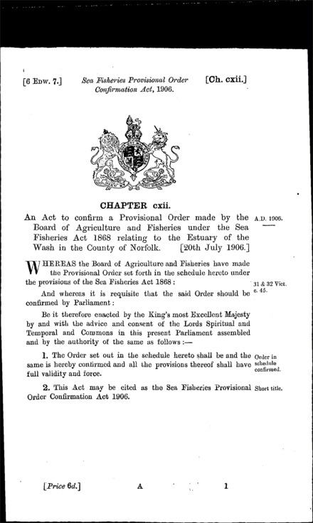 Sea Fisheries Provisional Order Confirmation Act 1906
