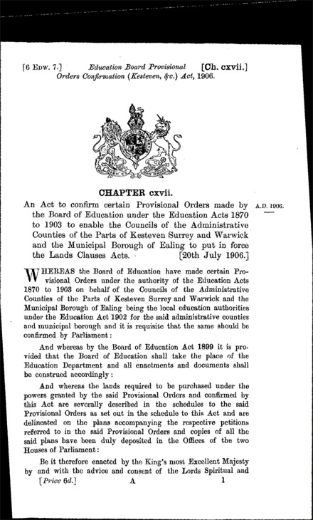 Education Board Provisional Orders Confirmation (Kesteven, &c.) Act 1906