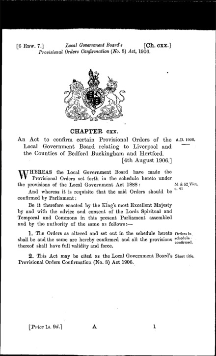 Local Government Board's Provisional Orders Confirmation (No. 8) Act 1906