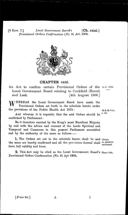 Local Government Board's Provisional Orders Confirmation (No. 9) Act 1906