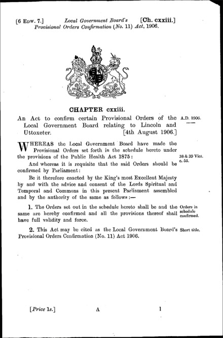 Local Government Board's Provisional Orders Confirmation (No. 11) Act 1906