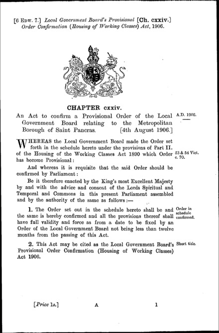 Local Government Board's Provisional Order Confirmation (Housing of Working Classes) Act 1906