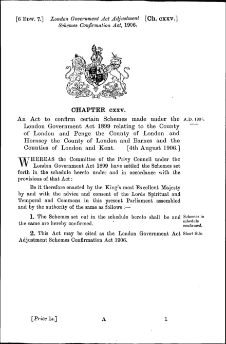 London Government Act Adjustment Schemes Confirmation Act 1906