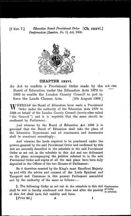 Education Board Provisional Order Confirmation (London No. 1) Act 1906