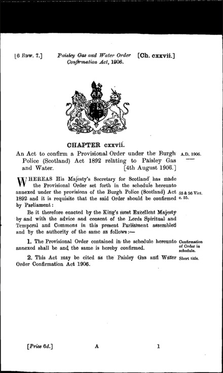 Paisley Gas and Water Order Confirmation Act 1906