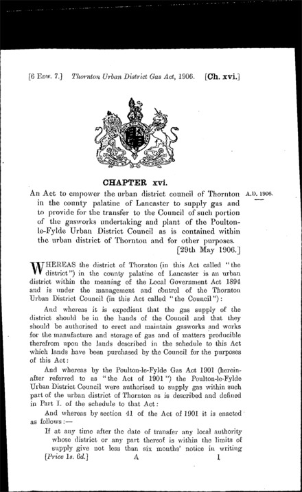 Thornton Urban District Gas Act 1906