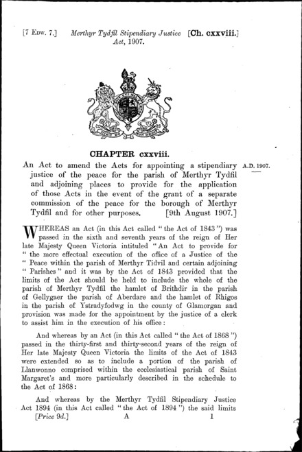 Merthyr Tydfil Stipendiary Justice Act 1907
