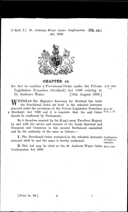 St. Andrews Water Order Confirmation Act 1909