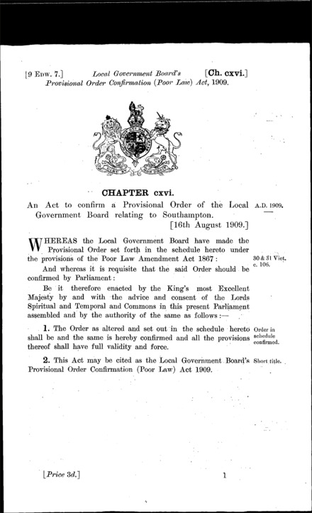 Local Government Board's Provisional Order Confirmation (Poor Law) Act 1909