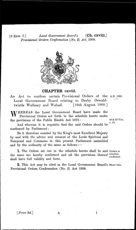 Local Government Board's Provisional Orders Confirmation (No. 2) Act 1909