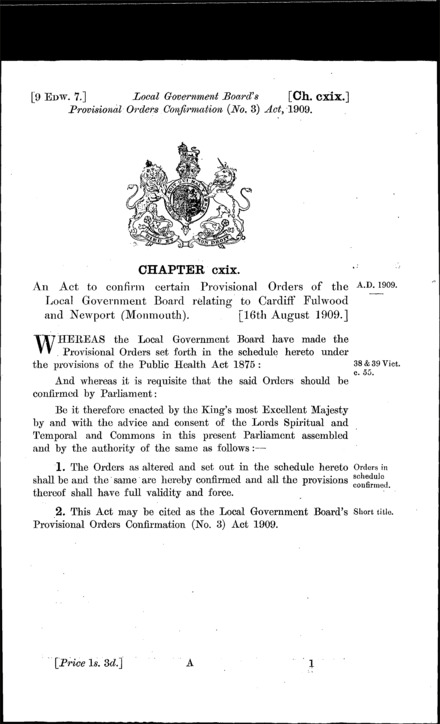 Local Government Board's Provisional Orders Confirmation (No. 3) Act 1909