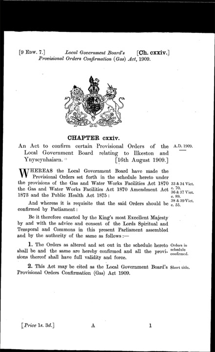 Local Government Board's Provisional Orders Confirmation (Gas) Act 1909