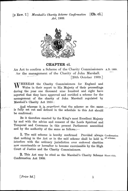 Marshall's Charity Scheme Confirmation Act 1909