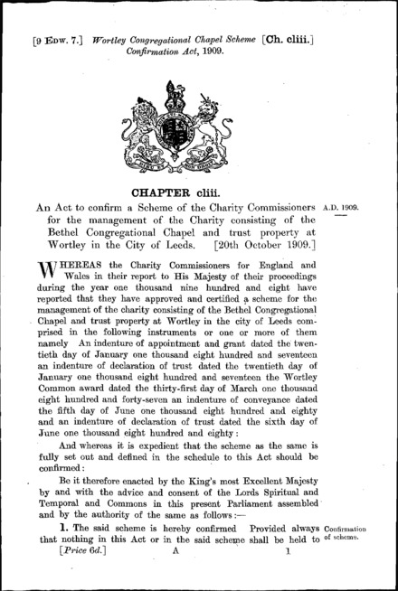 Wortley Congregational Chapel Scheme Confirmation Act 1909