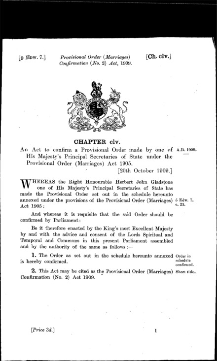 Provisional Order (Marriages) Confirmation (No. 2) Act 1909