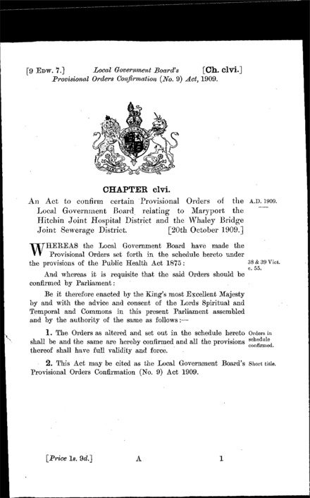 Local Government Board's Provisional Orders Confirmation (No. 9) Act 1909