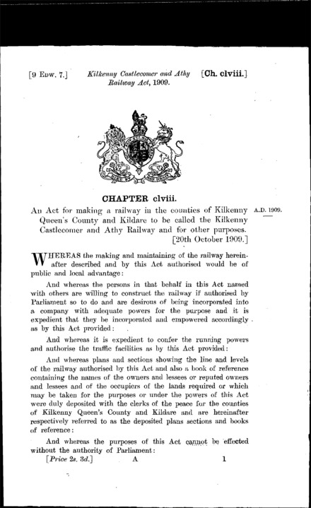 Kilkenny, Castlecomer and Athy Railway Act 1909