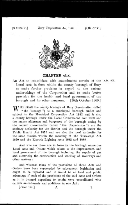 Bury Corporation Act 1909